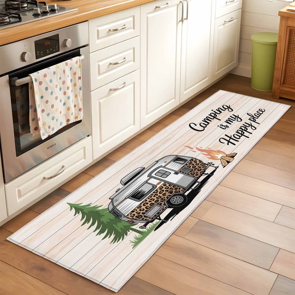 Camping Is My Happy Place Runner Rugs 2x6 ft Leopard RV Vintage Wood Grain Washable Hallway Rugs Non-Slip Floor Mats Absorbent Carpet Bedside Runners for Bedroom Kitchen Bathroom Laundry Room