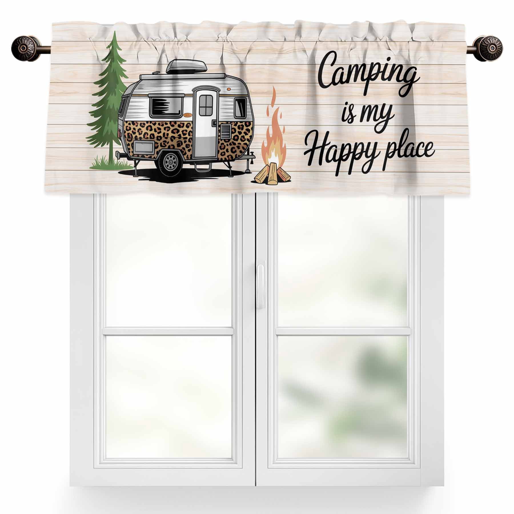 Camping Is My Happy Place Valances for Windows Leopard RV Vintage Wood ...