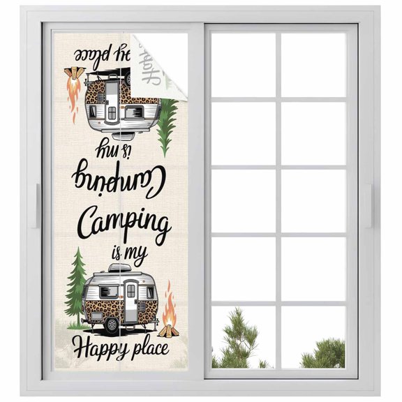 Camping Is My Happy Place Window Privacy Film, Leopard RV Vintage Linen Frosted Glass Window Clings Static Cling UV Heat Blocking Reusable Door Sticker for Bathroom 23.6 x 59 Inch