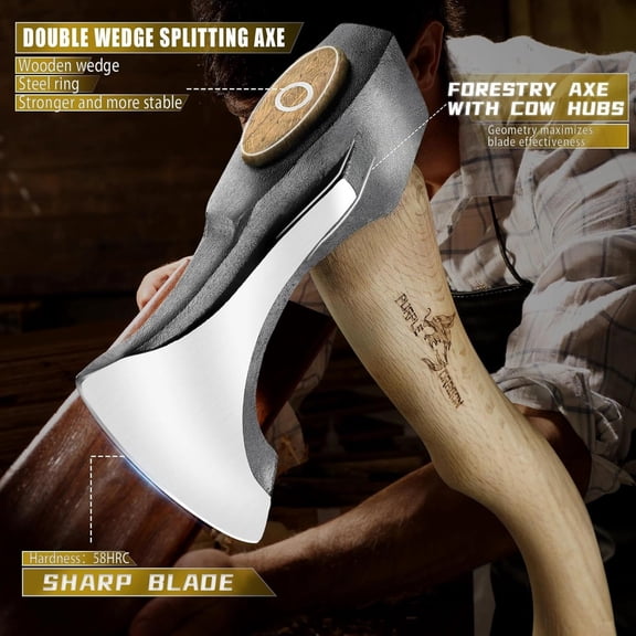 Camping Hatchet 14.7 Inch Hand Forged Splitting Axe - Outdoor Wood Splitting Chopping & Carving Tool with Leather Sheath Bushcraft Survival Wooden for Men and Women$$Garden & Patio