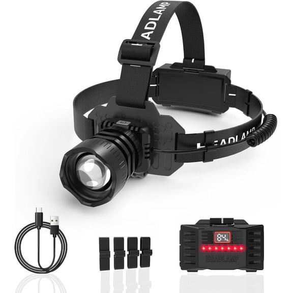 Camping Headlamp Zoomable Motion Sensor with Red Tail Light, 4000High Lumen Headlight with 3 Modes,IP65  90? Adjustable for Hiking Fishing Running  Hard Hat Headlamp