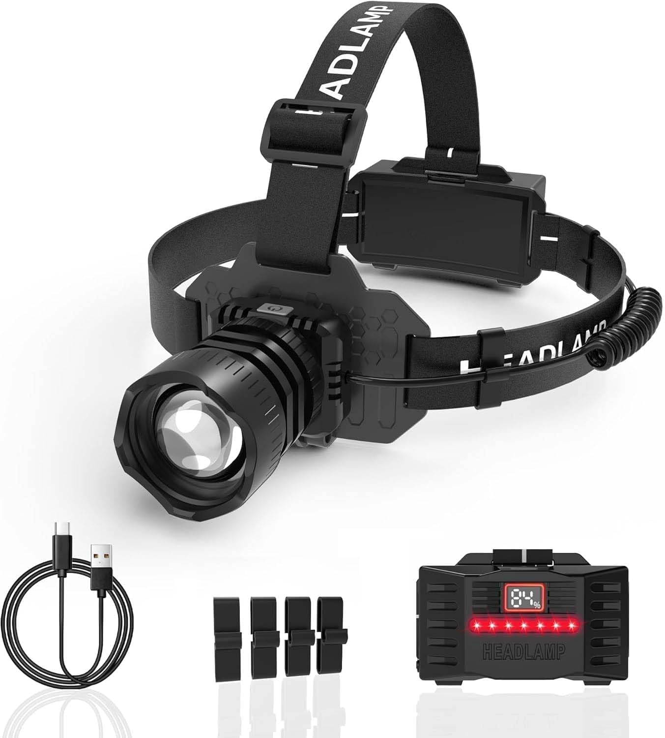 Camping Headlamp Zoomable Motion Sensor with Red Tail Light, 4000High Lumen Headlight 3 Modes,IP65 Waterproof 90° Adjustable for Hiking Fishing Running Emergency Hard Hat
