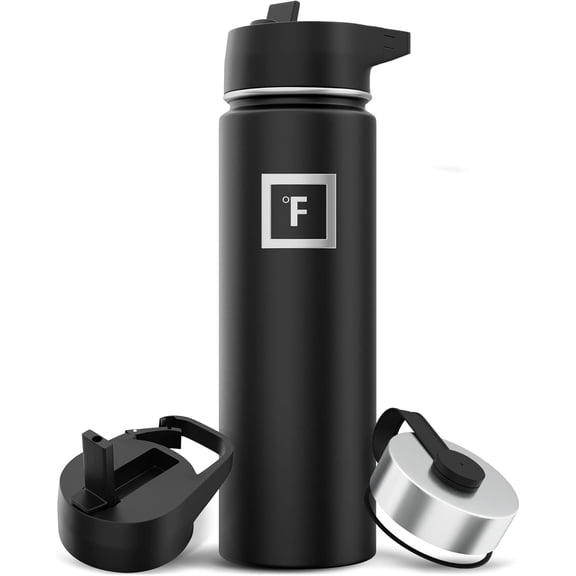 Camping & Hiking Hydration Flask with 3 Lids - Stainless Steel, Double Walled & Vacuum Insulated Water Bottle - Leak Proof & BPA Free (Midnight Black, Straw - 22 oz)