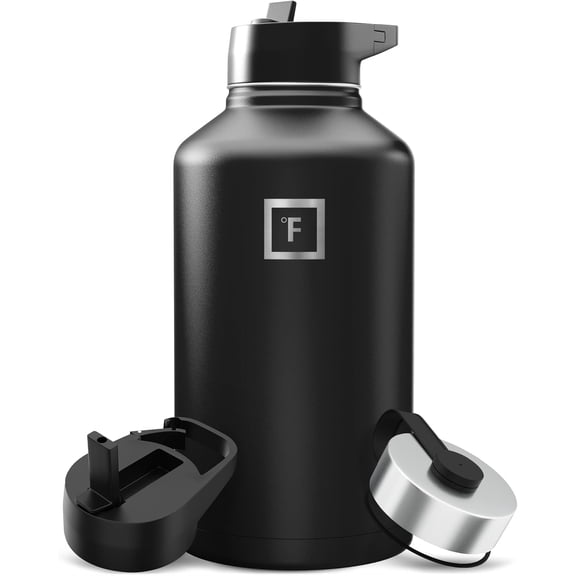 Camping & Hiking Hydration Flask with Straw, Wide Mouth Insulated Stainless Steel Sports Water Bottle - 64 oz Midnight Black