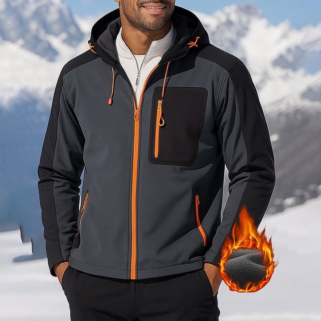 Camping Hiking Jackets for Men Softshell Fleece Lined Hooded Jackets Waterproof Windproof Outdoor Coats with Zip Pockets Gray L