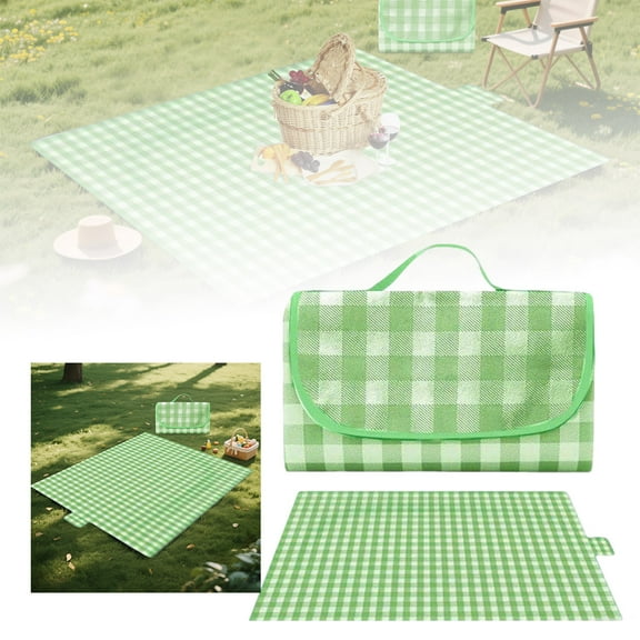 Camping & Hiking Portable Green Grid Picnic Blanket for Outdoor Adventures Sand Proof with Handle Ideal for Beach Camping and Garden use