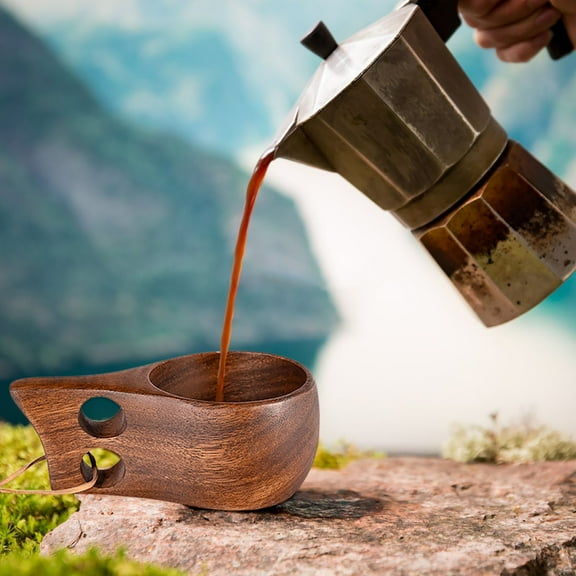Camping Hiking Survival Teacup, Traditional Wooden Coffee Cup with Lanyard for Backpacking Camping Hiking Survival Teacup, C