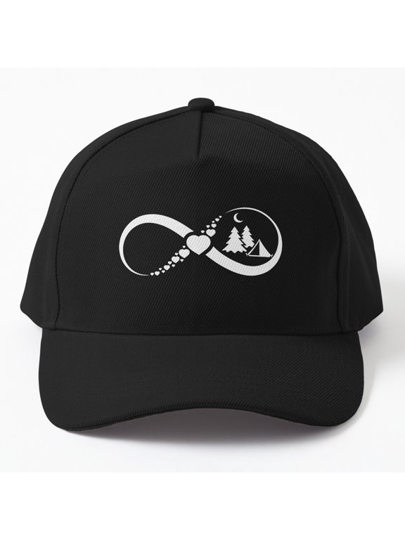 Camping Infinity White Baseball Cap, Endless Outdoor Adventure Symbol Design, Classic Hat