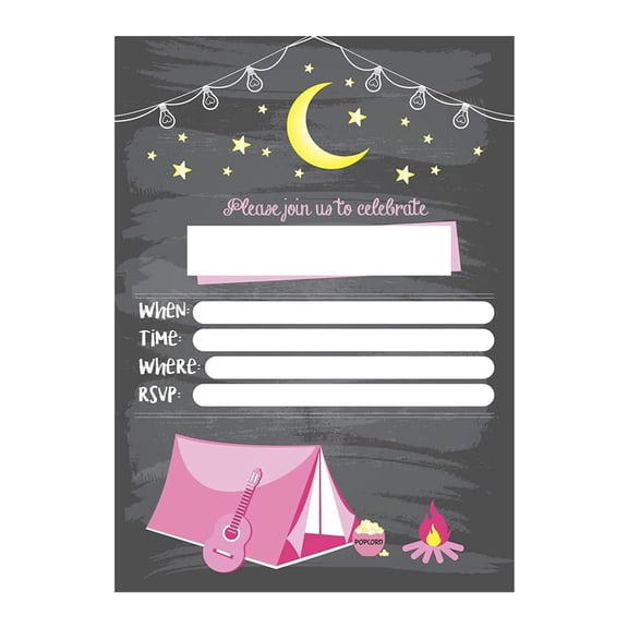 Camping Invitations 12 pcs for Girls Birthday Party, Pink Sleepovers & Slumber Parties Invites Cards