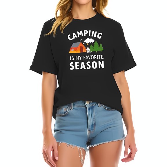 Camping Is My Favorite Season Cotton Short Sleeve T-Shirt with Colorful Tent and Tree Design