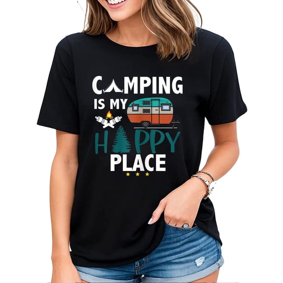 Camping Is My Happy Place Camp Camper Camping Graphic T-Shirt for Women Black Small