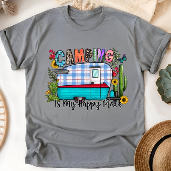 Camping Is My Happy Place T-Shirt – Colorful Vintage Camper Tee, Graphite Heather, Size 4XL