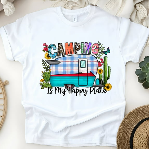 Camping Is My Happy Place T-Shirt – Colorful Vintage Camper Tee, White, Size L