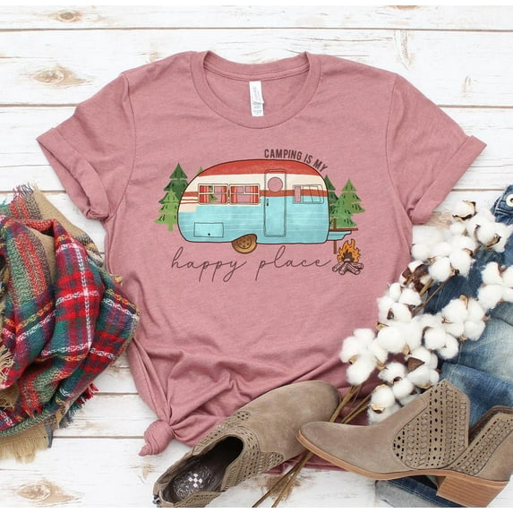 Camping Is My Happy Place T-shirt Traveler Gift Camper Top Nature Lover Trip Tshirt Summer Camp Vacation Tee