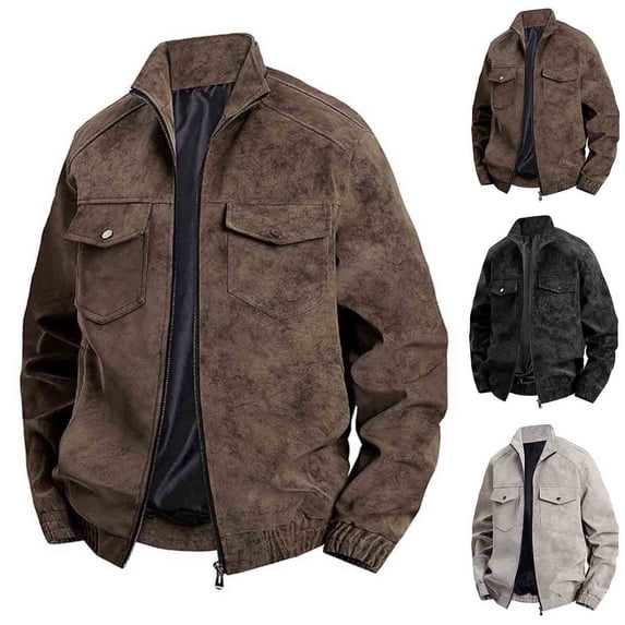 Camping Jacket Men Jerdar Men Solid-Color Fashionable Zipper Pocket Windproof Warm Long Sleeve Hoodless Faux Leather Outwear Jacket
