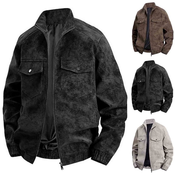 Camping Jacket Men Jerdar Men Solid-Color Fashionable Zipper Pocket Windproof Warm Long Sleeve Hoodless Faux Leather Outwear Jacket