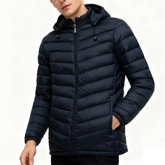 Camping Jackets for Men Men's Winter Quilted Jacket Solid Color Long Sleeved Zipper Padded Coats with Detachable Hooded Warm Outwear Jackets Navy L
