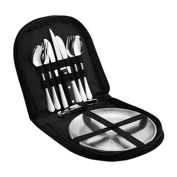 Camping Kitchen Silverware Mess Kit Cutlery Organizer 2 Person Dinnerware Set - 11pcs Eating Utensils Set with Stainless Steel Plate Spoon Serrated & Butter Knife Wine Opener Fork , Casewin