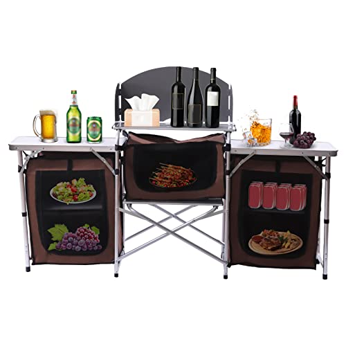 Camping Kitchen Station, Folding Grill Table with 26'' Tabletop, 2 Side