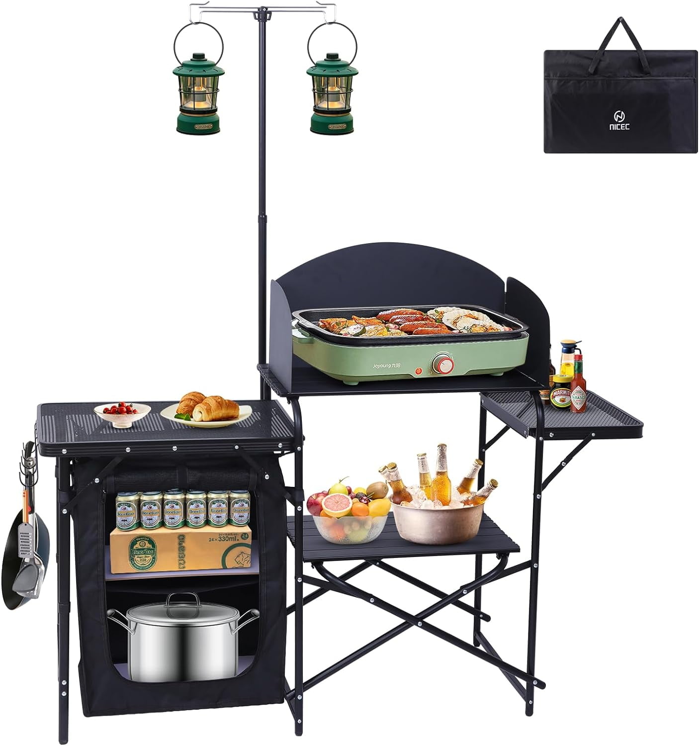 Camping Kitchen Station, Folding Table & Organizers, Upgrade Light Stand and Windshield Cooking ...