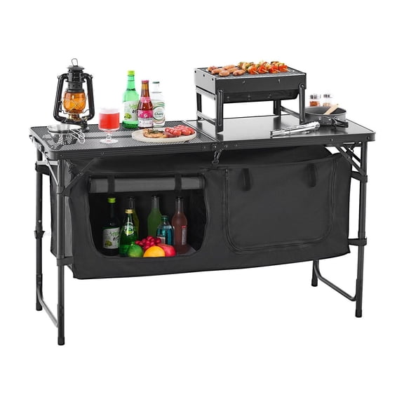 Camping Kitchen Table Folding - 3 Adjustable Height Outdoor Cook Station - Lightweight Aluminum Portable Table with Organizer & Carry Handle for BBQ, Picnic, RV - Black
