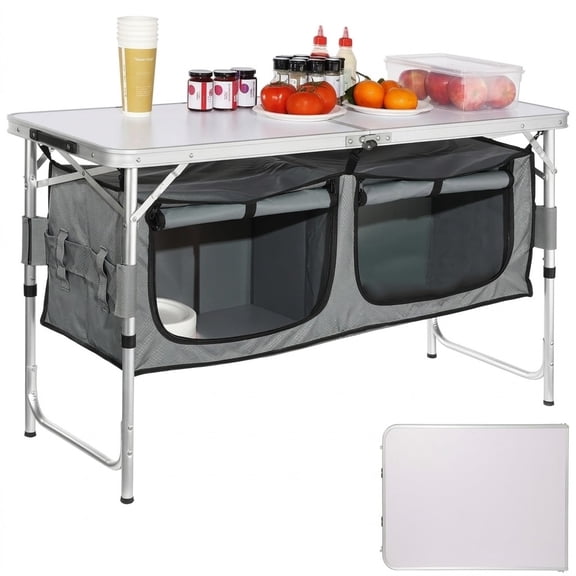 Camping Kitchen Table, Folding MDF Outdoor Table with 3 Adjustable Heights & Carrying Bag for Picnics, BBQ & RV Traveling
