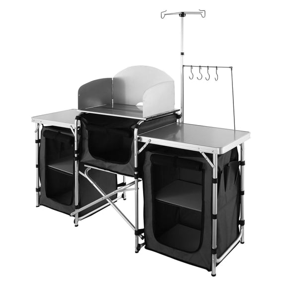 Camping Kitchen Table Folding, Outdoor Cooking Station with Storage Bag, Aluminum 3 Cupboard & Windscreen, Quick Setup for BBQ, RV, Picnics - Black