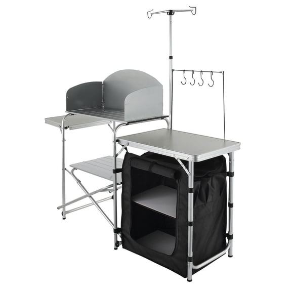 Camping Kitchen Table, Folding Outdoor Cooking Table with Storage Carrying Bag, Aluminum Cook Station 1 Cupboard & Detachable Windscreen, Quick Set-up for Picnics, BBQ, RV Traveling, Black