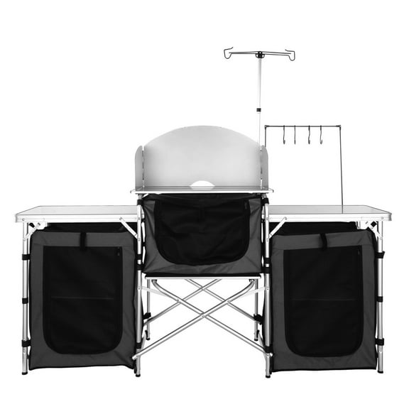 Camping Kitchen Table, Folding Outdoor Cooking Table with Storage Carrying Bag, Aluminum Cook Station 3 Cupboard & Detachable Windscreen, Quick Set-up for Picnics, BBQ, RV Traveling, Black