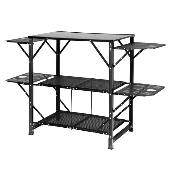 Camping Kitchen Table Folding Portable Cook Station, Aluminum Table with 4 Side Tables & 2 Shelves, Outdoor Picnic BBQ RV Travel