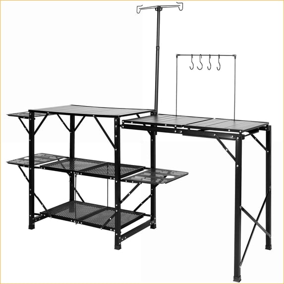 Camping Kitchen Table, Folding Portable Cook Station for Camping, BBQ, Outdoor Picnics | Black | Iron