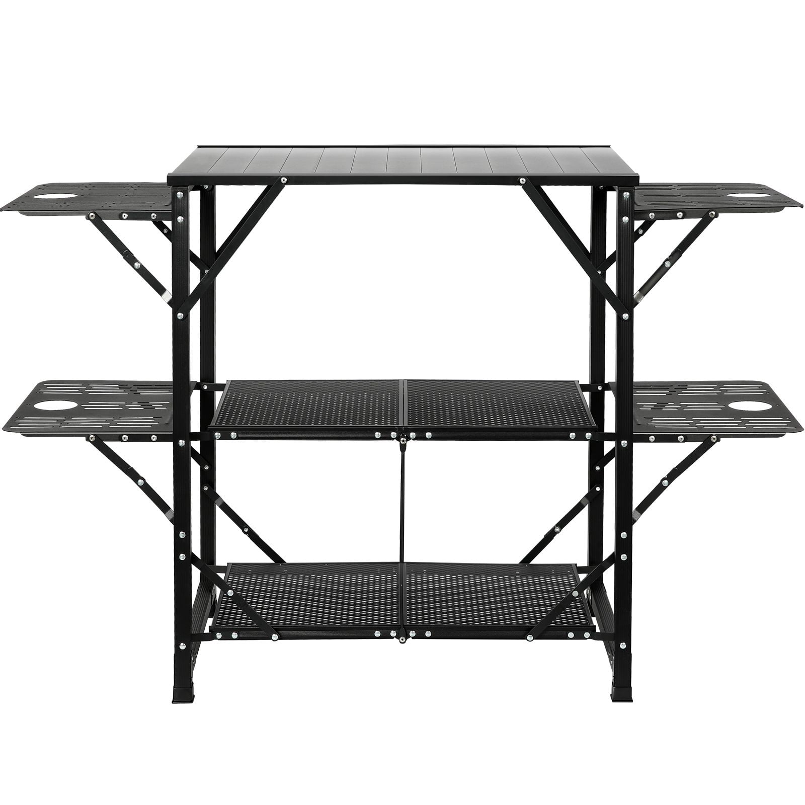 Camping Kitchen Table, One-piece Folding Portable Cook Station with Carrying Bag, Aluminum Camping Table 4 Iron Side Tables & 2 Shelves, Ideal for Outdoor Picnics, BBQs, Camping, RV Traveling