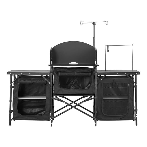 Camping Kitchen Table, Outdoor Camp Cook Station, Portable Aluminum Table with 3 Cupboards, Windscreen & Carrying Bag for BBQ, Picnic, RV - Black