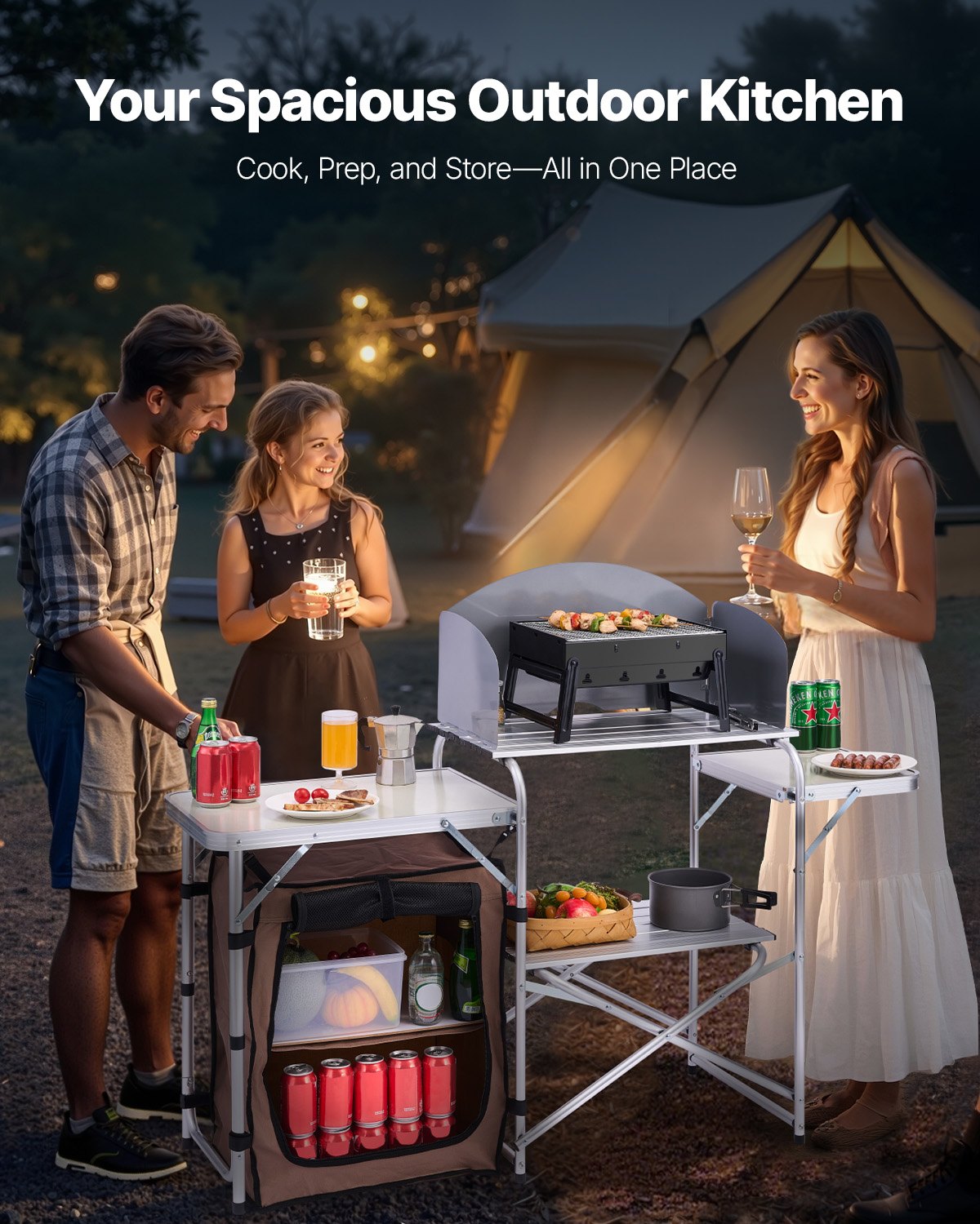 Camping Kitchen Table Picnic Cabinet Folding Cooking Storage Rack ...