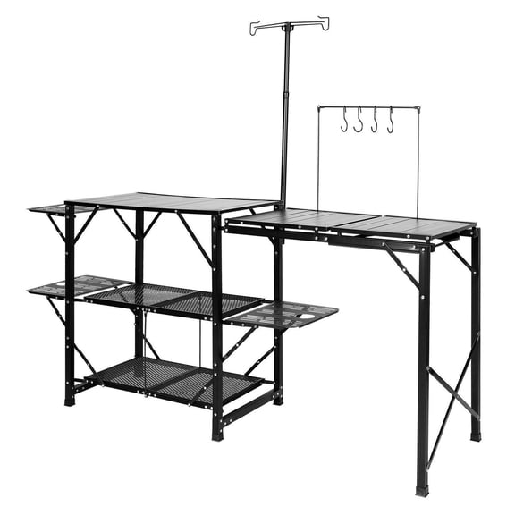 Camping Kitchen Table, Portable Folding Cook Station - Aluminum Table with 3 Side Tables, 2 Shelves & Sink for Outdoor Cooking, Picnics & BBQs