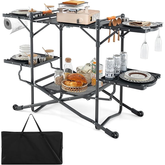 Camping Kitchen Table Station, Outdoor Portable Grill Table with Aluminum Tabletop, 4 Side Tables, Storage Rack, Folding Cooking Table for Outside Picnic BBQ RV Garden Patio Dining