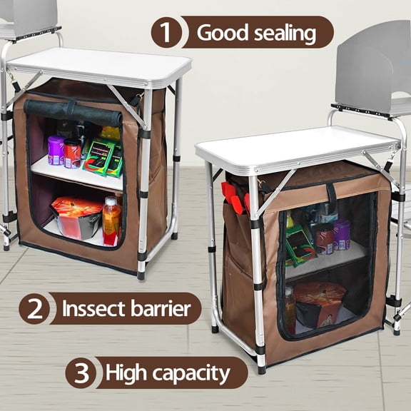 Camping Kitchen Table with Windscreen,Portable Outdoor Cooking Station with Storage Cabinet & Side Tables Heavy Duty Camp Cook Station for Camping & BBQ (Black2cabinet)