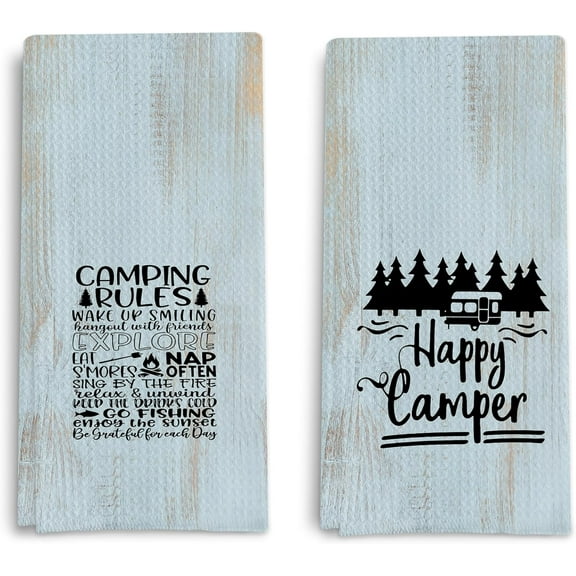 Camping Kitchen Towels Set of 2 - Happy Camper Camping Dish Towels, Camper Towels, Camper Hand Towels, Camping Towels for Camper, Camping Decor for Camper RV, Camper Gifts, 18x26 Inches