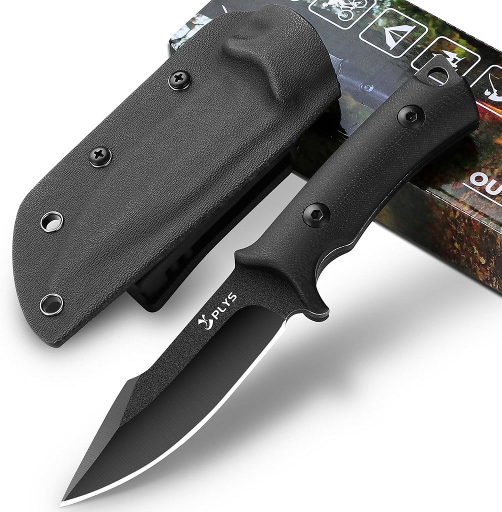 Plys 3.6 inch Fixed Blade Camping Knife, Full Tang Outdoor Tactical Knives with Kydex Sheath, G10 Handle, Hunting Hiking Essentials Gear