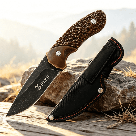 Plys Fixed Blade Knife with Sheath: Full Tang Outdoor Knife for Hunting - Small Tactical and Survival Knives for Men Camping Fishing EDC