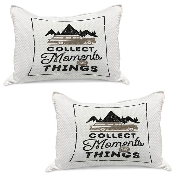 Camping Knitted Quilt Pillowcover Set of 2, Typographic Inspirational Words Collect Moments Not Things, Standard Queen Pillow Sham Bedroom, 30" x 20", Warm Taupe Charcoal Grey, by Ambesonne