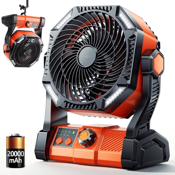 Camping LED Fan with Light, 40000m Rechargeable Battery Powered Outdoor Tent Fan with Light and Hook, 6 Speed, Personal USB Desk Fan for Camping, Fishing, Power Outage,Hurricane, Worksite