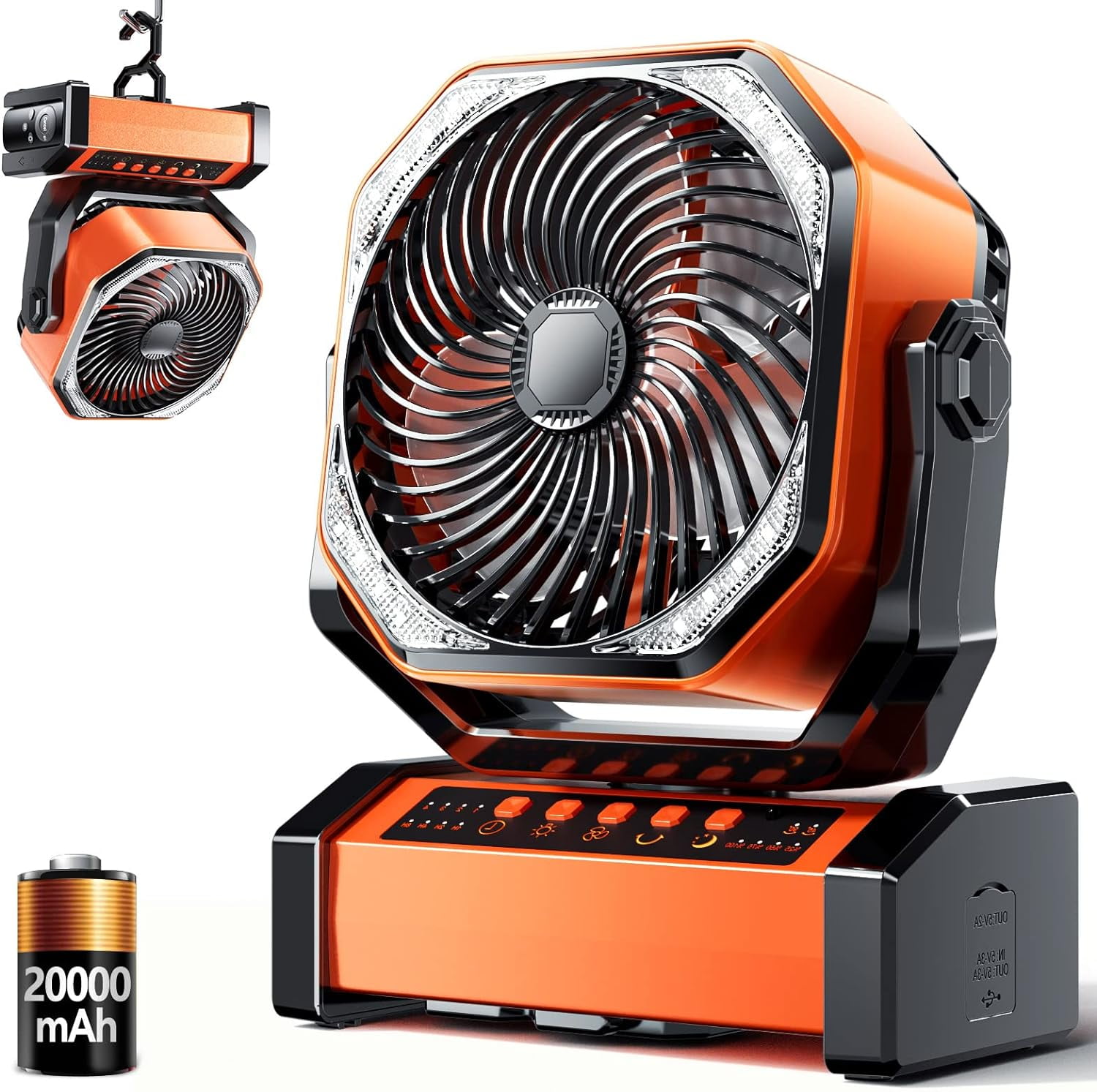 Camping LED Fan with Light, 40000mAh Rechargeable Battery Powered Outdoor Tent Fan with Light and Hook, 4 Speed, Personal USB Desk Fan for Camping, Fishing, Power Outage,Hurricane, Worksite