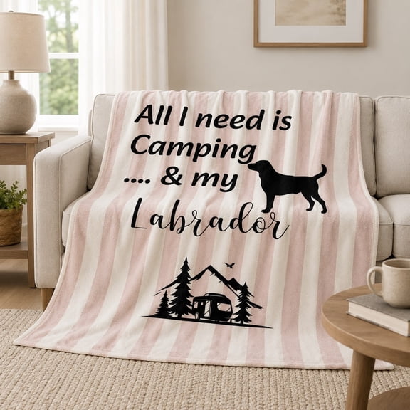 Camping Labrador Fleece Throw Blanket - Soft Striped Lab Dog Camper Gift for Sofa & Couch