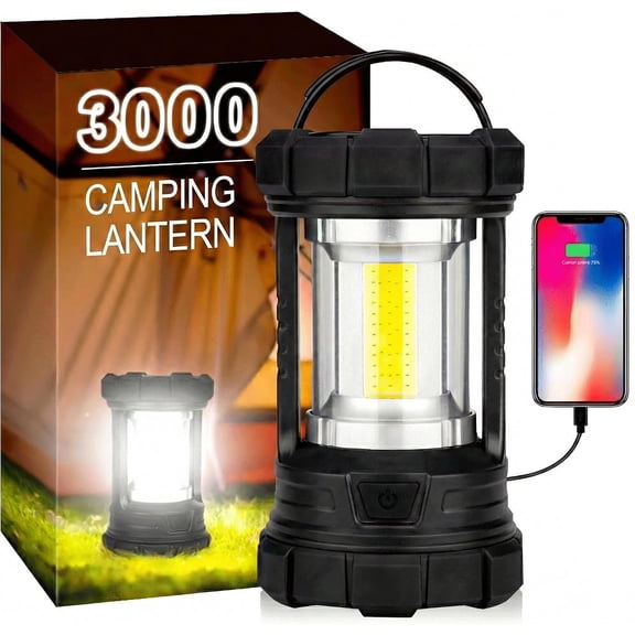 Camping Lantern, 3000LM LED Rechargeable Operated Lantern, 5 Light Modes, COB Lantern Flashlight, Camping Light for Power Outage, Hurricane, , Hiking(Black)