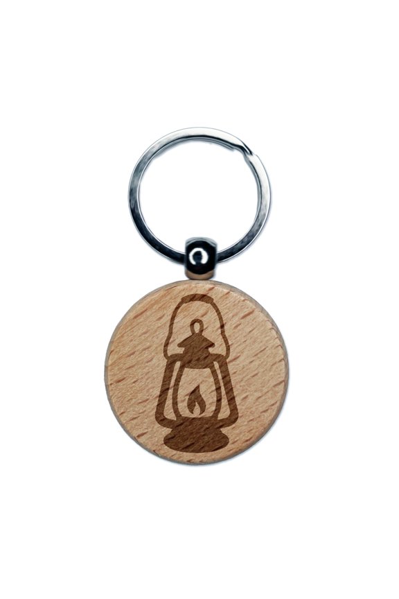 Camping Lantern Round Keychain Charm Tag - Engraved Wood