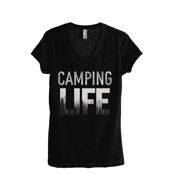 Camping Life Women's Fashion Relaxed V-Neck T-Shirt Tee Heather Black Small