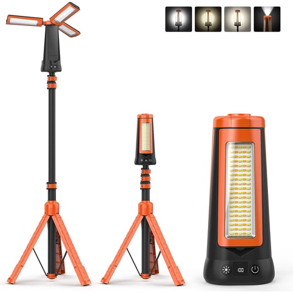 Camping Light with Stand 7ft Height, 15000mAh Portable Cordless Work Light, 5500 Lumen 6500/4500/3500K Dimmable Flashlight with Detachable Tripod, Orange