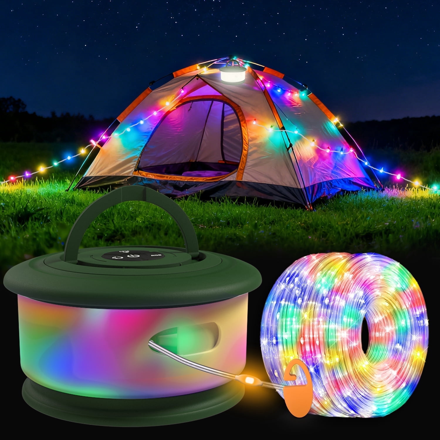 TOHETO Camping Lights, 3-in-1 Outdoor Camping String Lights with 19 Lighting Modes, 32.8FT 2200mAH Rechargeable IPX4 Waterproof Hanging Lights for Tent, Yard, Hiking & Decoration, Green