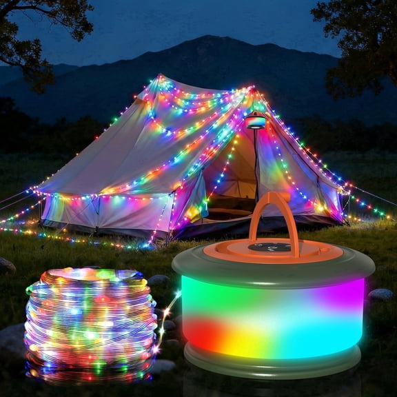 TOHETO Camping Lights, 3-in-1 Outdoor Camping String Lights with 19 Lighting Modes, 32.8FT 2200mAH Rechargeable IPX4 Waterproof Hanging Lights for Tent, Yard, Hiking & Decoration, Green Orange